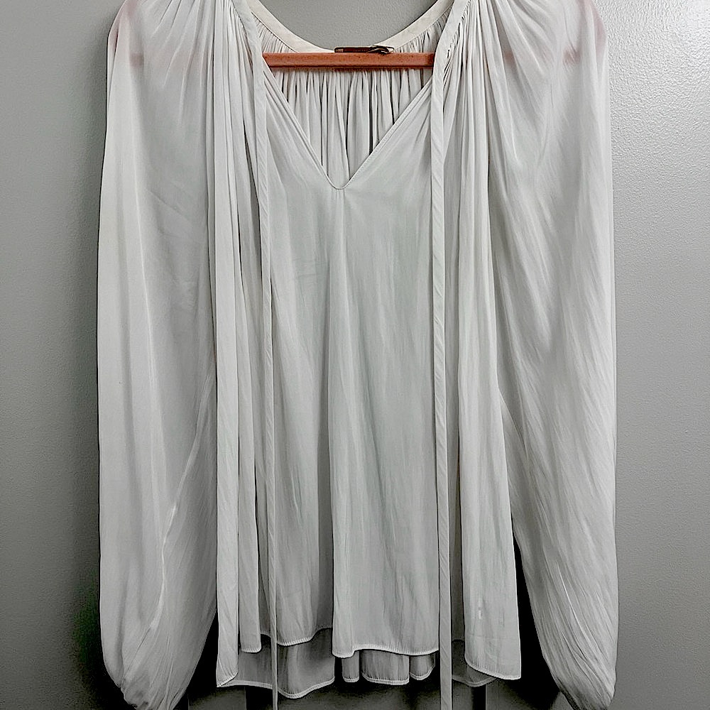Ramy Brook White Relaxed Ruched Long Sleeve Blouse